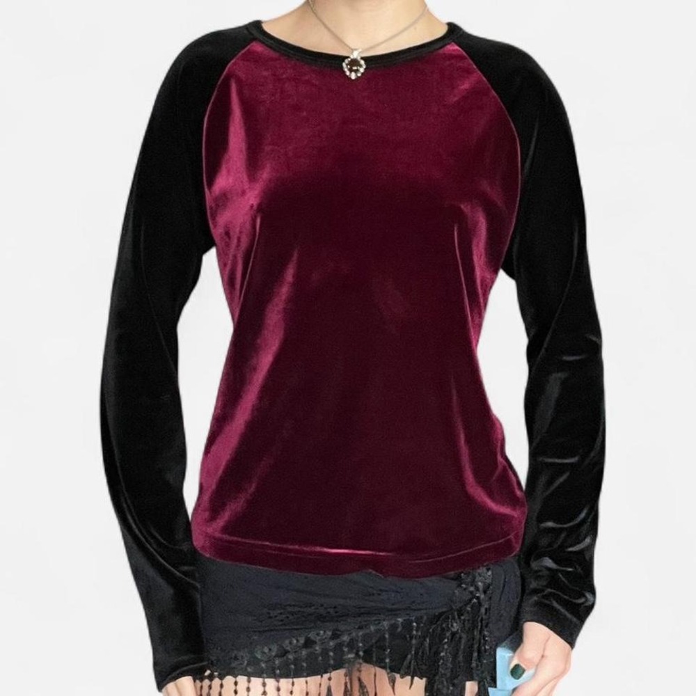 vintage 90s burgundy and black velvet baseball long sleeve